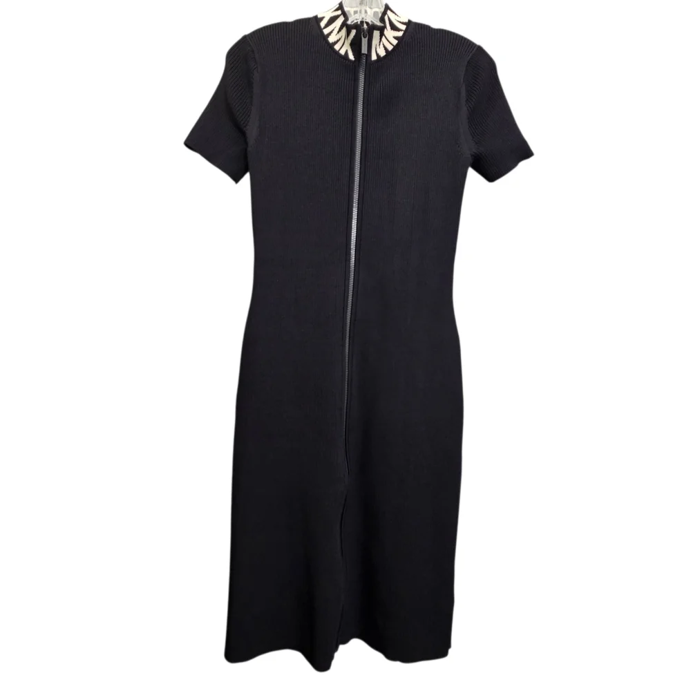 Nwot Michael Kors Black Ribbed Knit MK Logo Neckline Shortsleeve Zipfront Dress - Picture 17 of 17